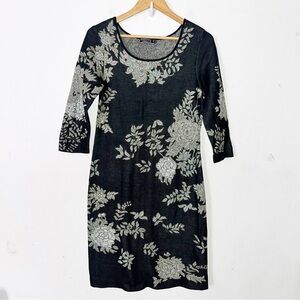 Peruvian Connection Dress M 100% Pima Cotton Floral Knee Length Knit 3/4 Sleeve